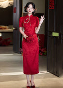 Modern Red Qipao Dress | Jacquard Slim Midi | Bridal Engagement & Tea Ceremony