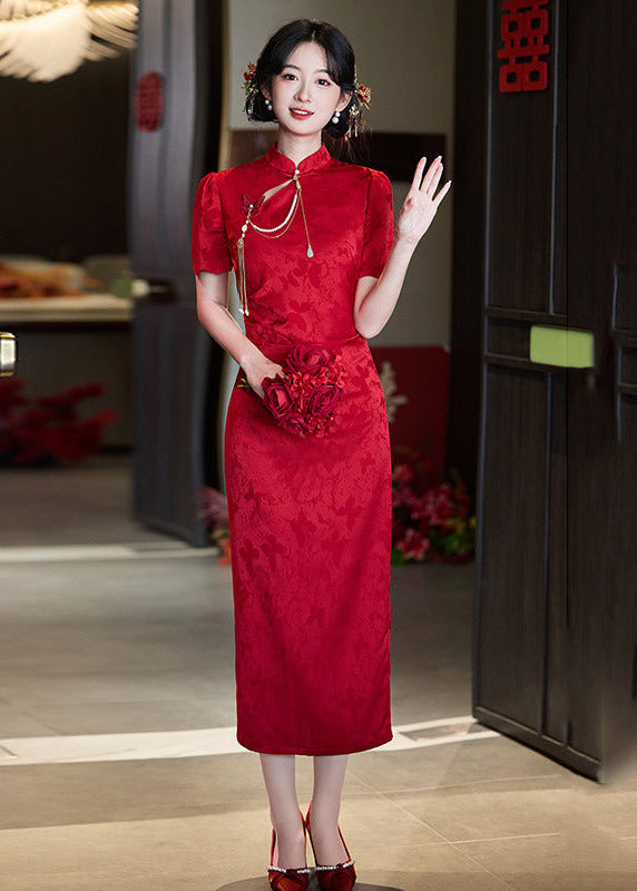 Modern Red Qipao Dress | Jacquard Slim Midi | Bridal Engagement & Tea Ceremony