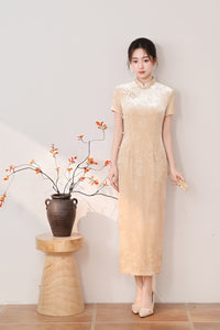 Beige  Short Sleeve Qipao Dress | Mandarin Collar Slim Midi Cheongsam