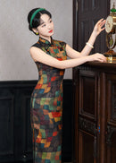 Colorful Sleeveless Plaid Qipao Dress