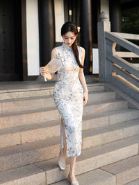 Chinese Vintage Bamboo Leaf Print Qipao | Elegant Slim-Fit Dress