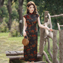 Elegant Floral Cheongsam Dress with Classic Mandarin Collar & Red Knot Details