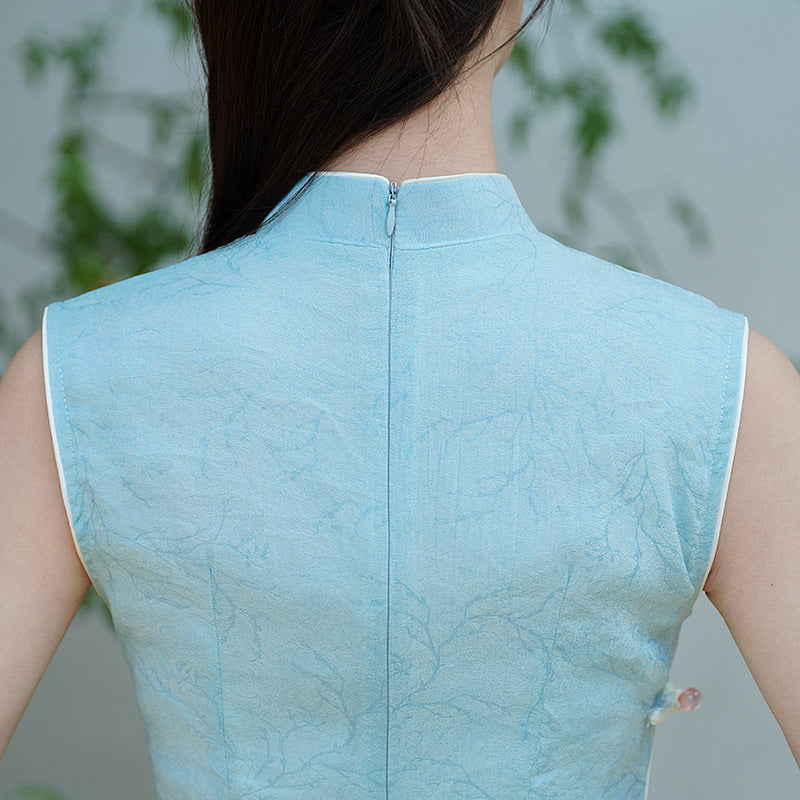 Aqua Jacquard Modern Qipao Maxi | Mandarin Neck with Floral Frog Buttons