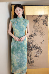 Misty Blue-Green Watercolour Floral Qipao Dress Sleeveless Slim Mandarin Collar Piping