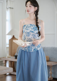 Chinese-Style Blue-and-White Camisole Set | Fresh Blue Sheer Midi Skirt