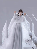 White Traditional Chinese Hanfu Costume for Men | Elegant Embroidered Robe with Long Sleeves and Umbrella