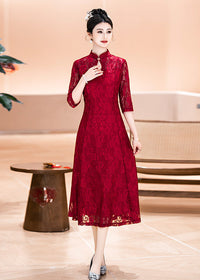 Red Plus Size Lace Mother Dress | Mandarin-Collar Tea-Length Gown