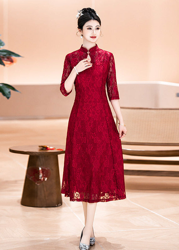 Red Plus Size Lace Mother Dress | Mandarin-Collar Tea-Length Gown