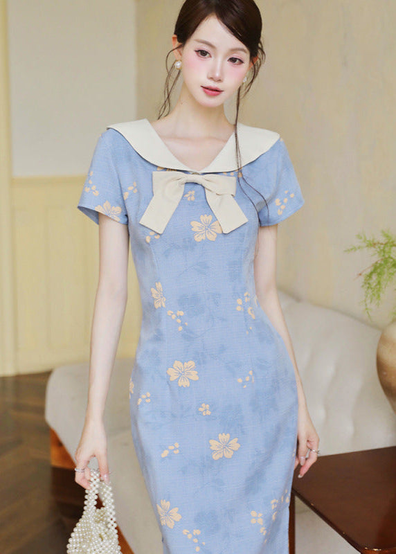 Blue Sailor Bow Qipao Dress | Slim Side-Slit, Retro Chic