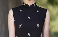 Black Sleeveless Jacquard Qipao | Slim Maxi Side-Slit Vintage-Elegant Gown