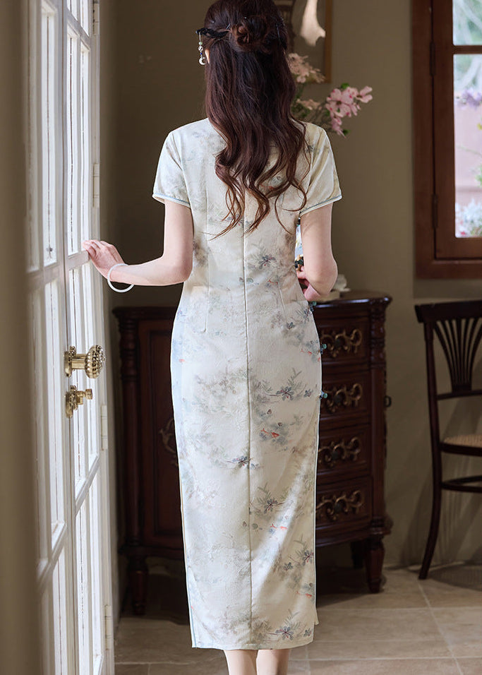 Ivory Jacquard Qipao | Mandarin Collar Slim Midi Dress