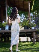 Fresh Watercolor Floral Qipao Long Dress | Short-Sleeve Slim Fit