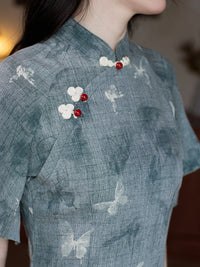 Mist-Blue Butterfly Print Modern Qipao Midi | Mandarin Collar Slim Silhouette