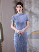 Vintage Blue Qipao Dress | Short-Sleeve Mandarin Collar Slim Maxi with Side Slits