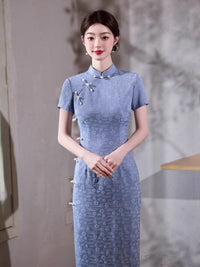 Vintage Blue Qipao Dress | Short-Sleeve Mandarin Collar Slim Maxi with Side Slits