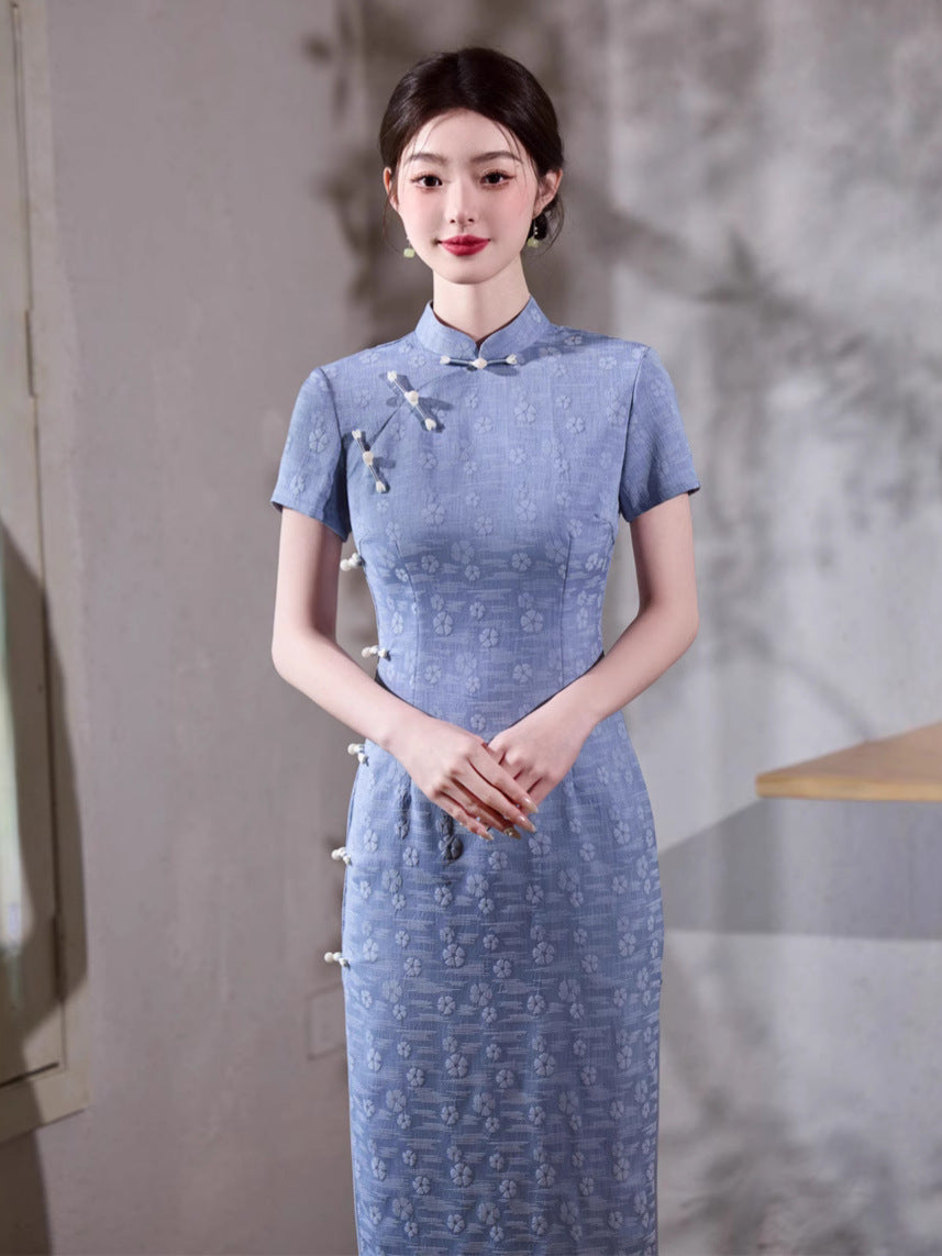 Vintage Blue Qipao Dress | Short-Sleeve Mandarin Collar Slim Maxi with Side Slits
