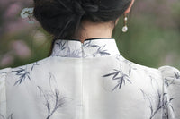 Light Bamboo Leaf Floral Qipao Dress for Women | Mandarin Collar Frog Button Slim Fit with Ruffle Detail