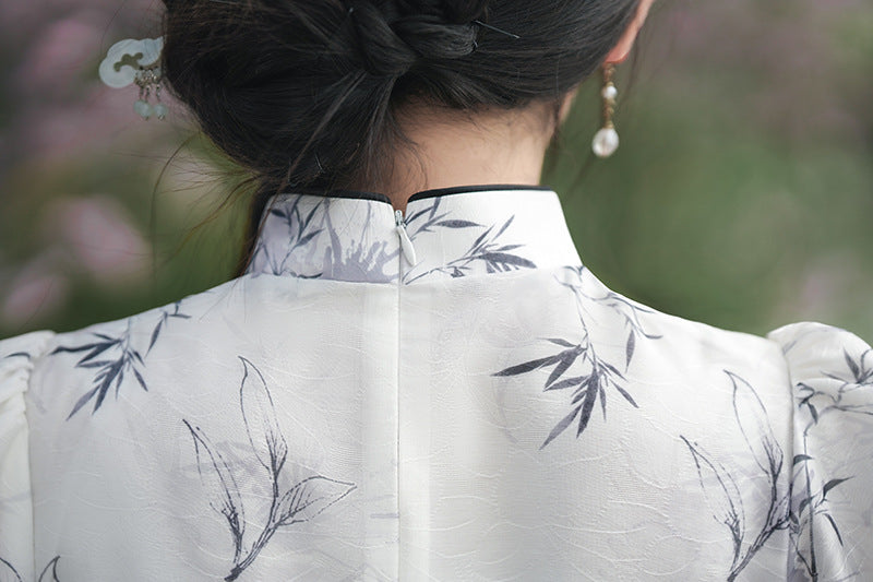 Light Bamboo Leaf Floral Qipao Dress for Women | Mandarin Collar Frog Button Slim Fit with Ruffle Detail
