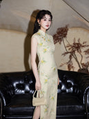 Apricot Embroidered Sleeveless Qipao Dress | Mandarin Collar Slim Maxi Cheongsam