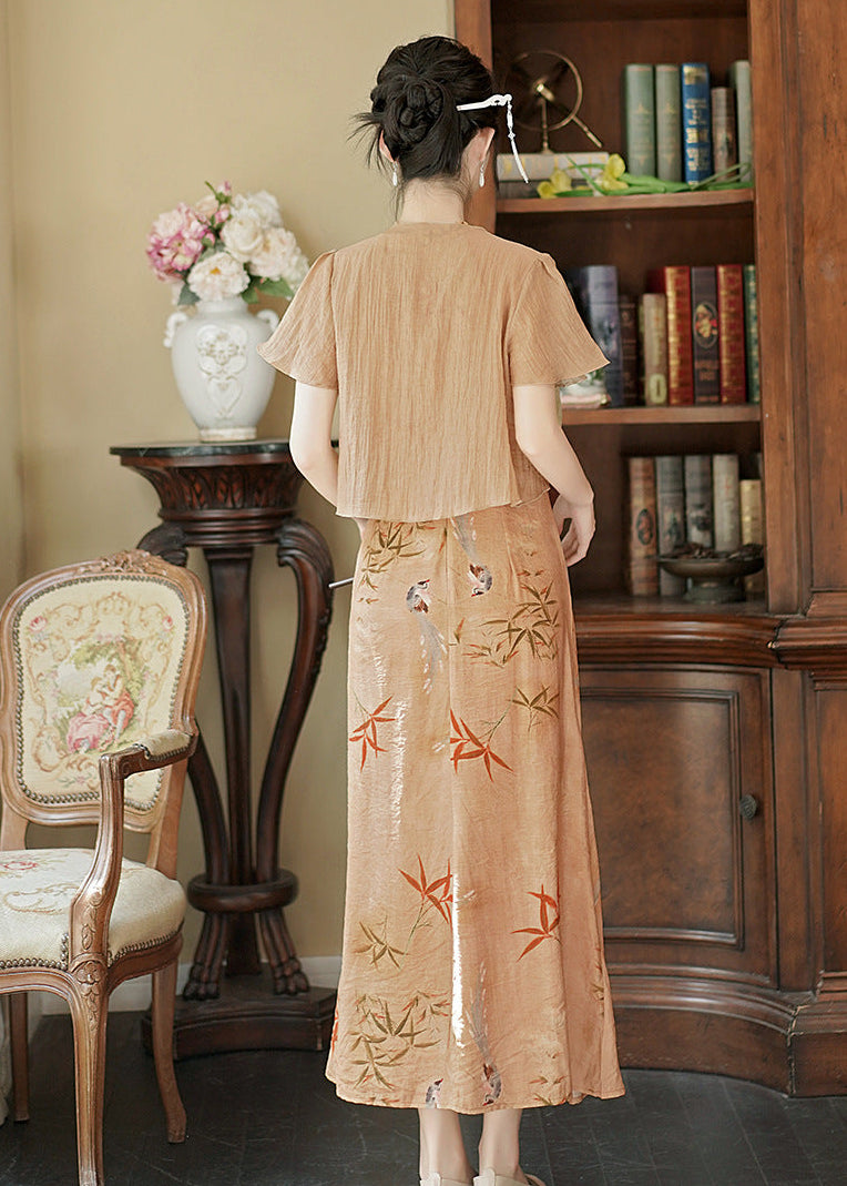 Champagne Apricot Bamboo Print Qipao Dress | Cape Sleeve Mandarin Collar Frog Button Slim Maxi