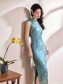 Peacock Blue Geometric Jacquard Sleeveless Qipao Maxi Dress | Mandarin Collar Slim Slit Cheongsam