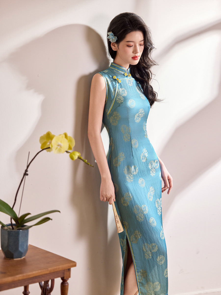 Peacock Blue Geometric Jacquard Sleeveless Qipao Maxi Dress | Mandarin Collar Slim Slit Cheongsam