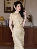 Yellow Jacquard Qipao | Slim Mandarin Collar Short-Sleeve Dress
