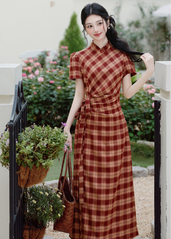 Red Check Modern Chinese Qipao Dress | Picnic & Day Trip Ready