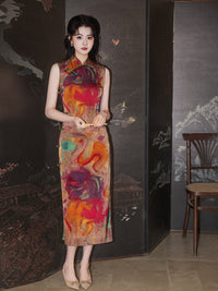 Retro Orange Sleeveless Qipao Dress | Mandarin Collar Slim Midi Cheongsam
