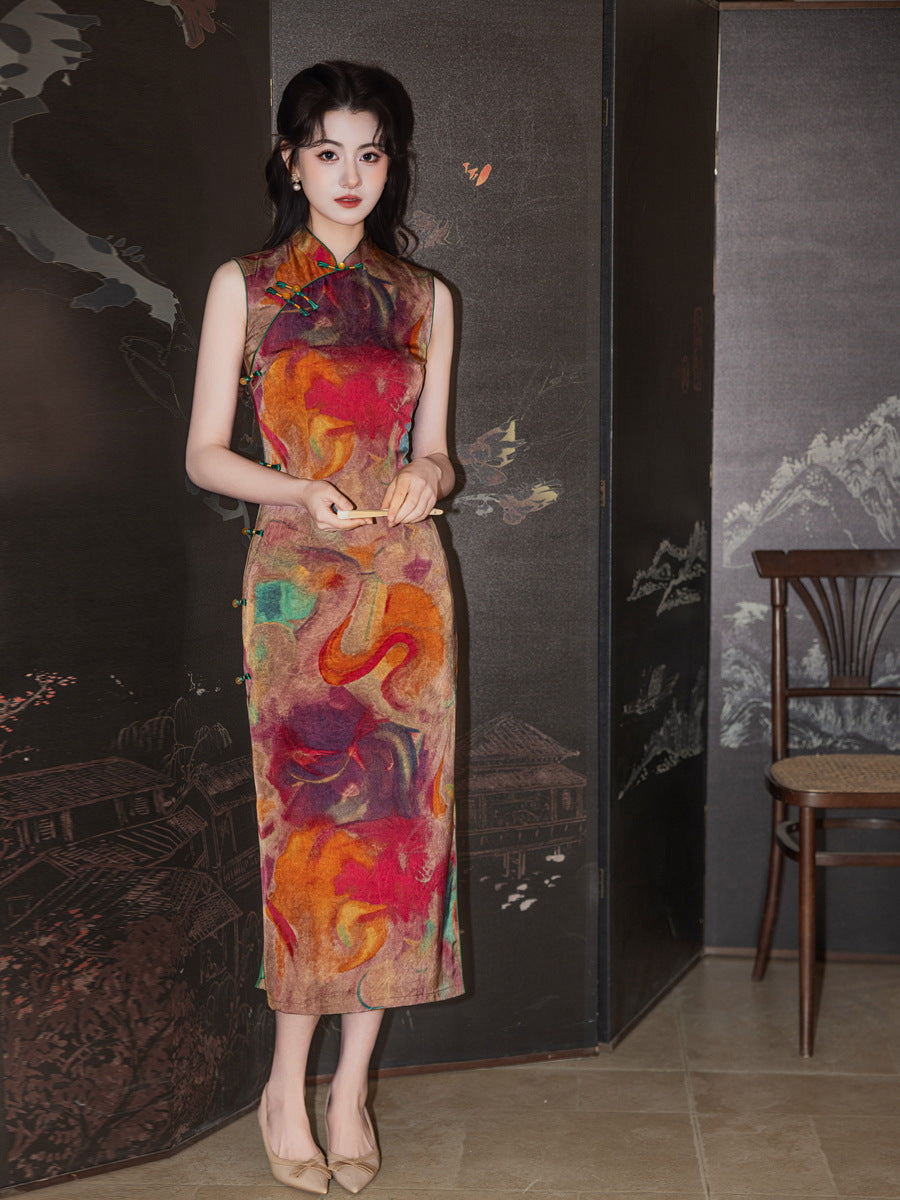 Retro Orange Sleeveless Qipao Dress | Mandarin Collar Slim Midi Cheongsam