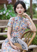 Fresh Multicolour Floral Short Qipao Dress | Summer Short Sleeve Mandarin Collar Slim Midi Cheongsam