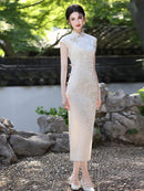 Beige Jacquard New-Chinese Sleeveless Qipao Dress | Sleek Elegant Maxi for Summer