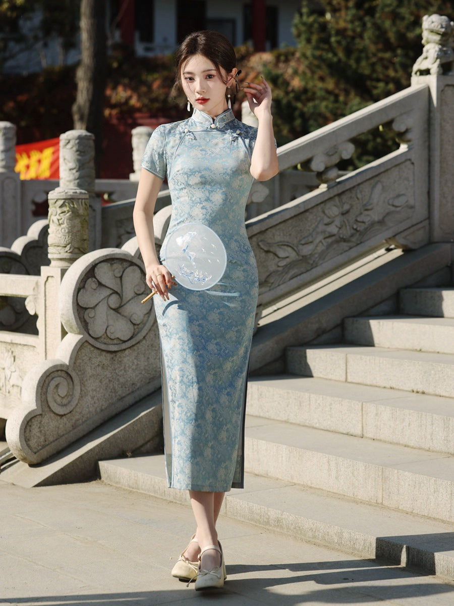 Spring Vintage Jacquard Qipao | Chinese Slim Elegant Short Sleeve Dress
