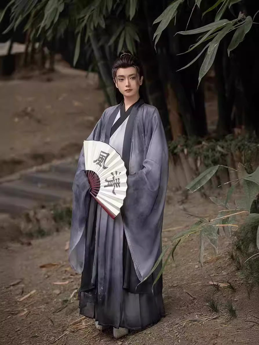 Traditional Chinese Hanfu Men’s Black and Gray Silk Robe with Embroidered Designs and Sword Belt