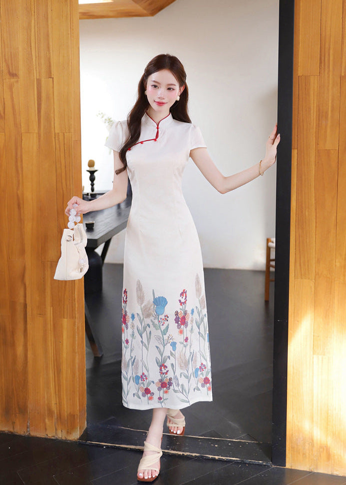 Summer New-Chinese Qipao Dress | Ivory Floral Print