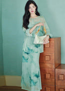 Modern Chinese Ink-Print Two-Piece Set | Sheer Frog-Button Top + Slim Maxi Dress
