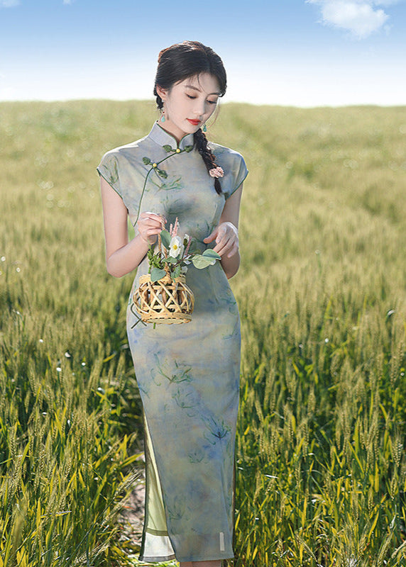 Spring Sleeveless Green Qipao Long Dress | Watercolor Floral