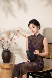 Floral Jacquard Sleeveless Qipao Dress | Vintage Mandarin Collar Maxi Cheongsam