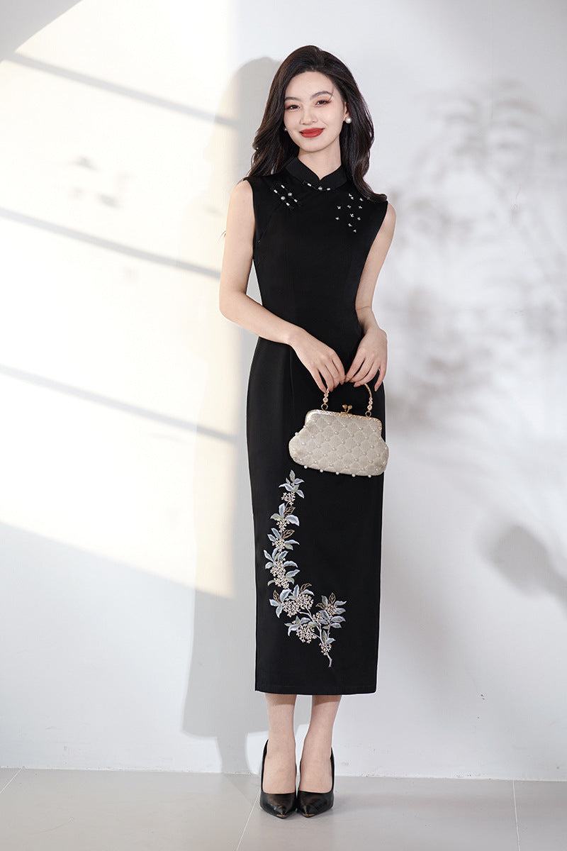 Black Embroidered Modern Qipao Midi | Sleeveless Mandarin Neck, Beaded Frogs