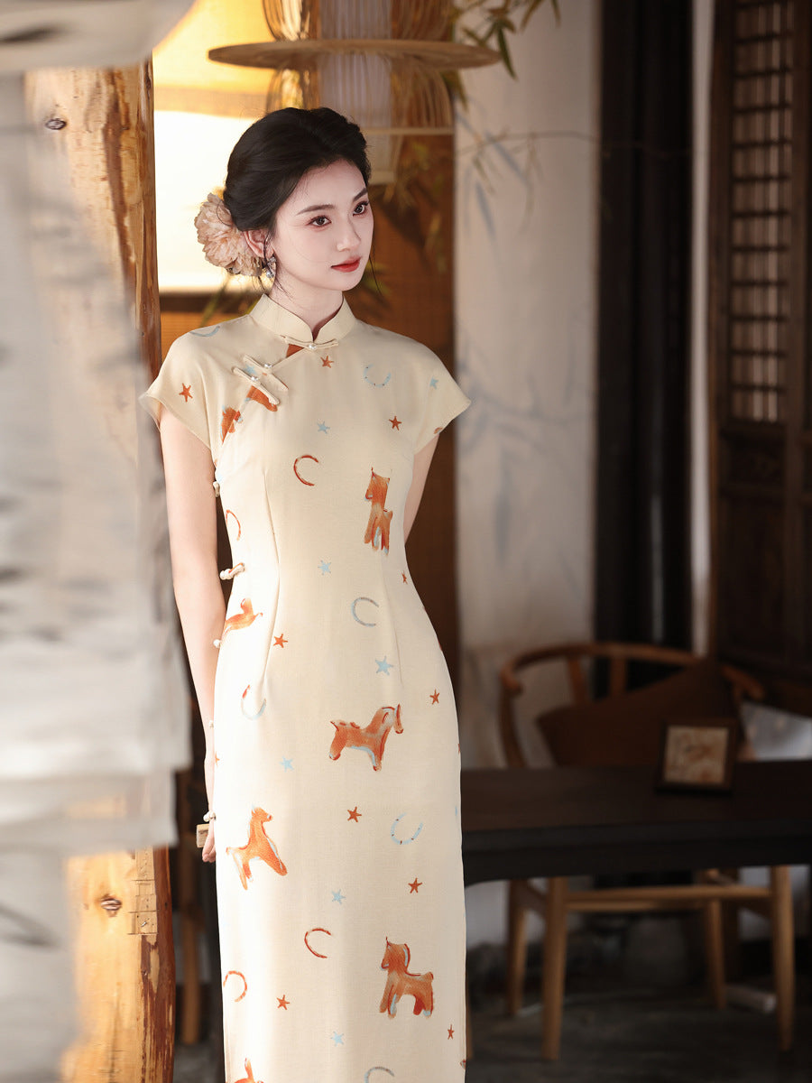 Playful Horse Print Qipao | Cream Vintage Chinese Cheongsam Midi Dress