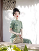 Long Double-Jacquard Cheongsam | Modern Short-Sleeve Mandarin Dress