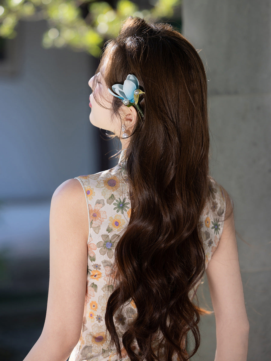 Ivory Floral Sleeveless Slim Long Qipao Dress | Mandarin Collar Frog Buttons Side Slit New Chinese Vintage Style