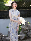 Spring Elegant Purple-Stripe Qipao | Slim Mandarin Collar Cap Sleeves