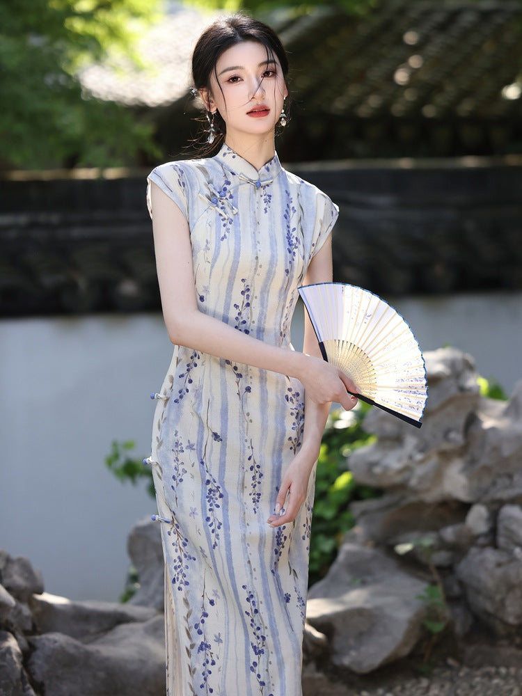 Spring Elegant Purple-Stripe Qipao | Slim Mandarin Collar Cap Sleeves