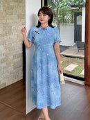 Plus Size Blue Floral Qipao Dress | Summer Breathable Jacquard