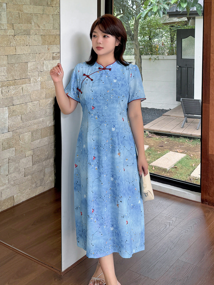 Plus Size Blue Floral Qipao Dress | Summer Breathable Jacquard