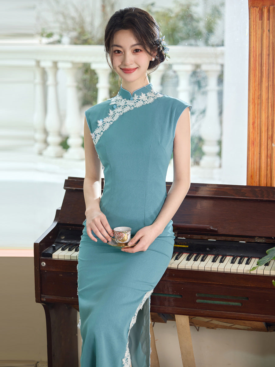 Vintage Cool Tone Qipao | Acetate Faux Hand-Grabbed Floral Design | Elegant Blue Slim Dress