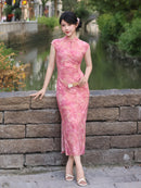 Pink Flocked Floral Print Sleeveless Mandarin Qipao Dress|Slim Mid Cheongsam