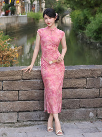 Pink Flocked Floral Print Sleeveless Mandarin Qipao Dress|Slim Mid Cheongsam