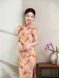 Fashionable Plaid Embroidery Improved Qipao | Colorful Plaid Mandarin Collar Slim Fit Dress